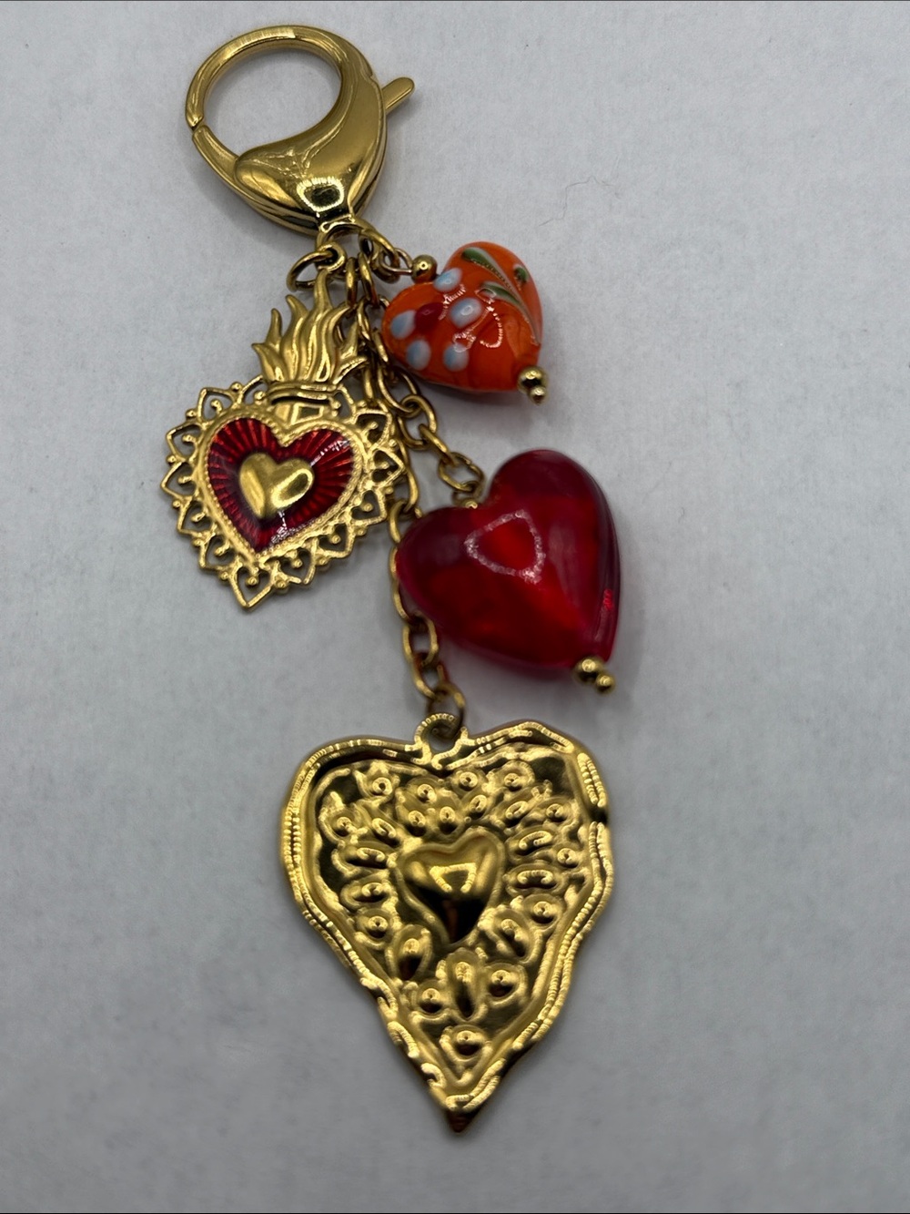 Queen of hearts Gold Tone Heart Charm Keychain bag charm Red Orange glass Beads
